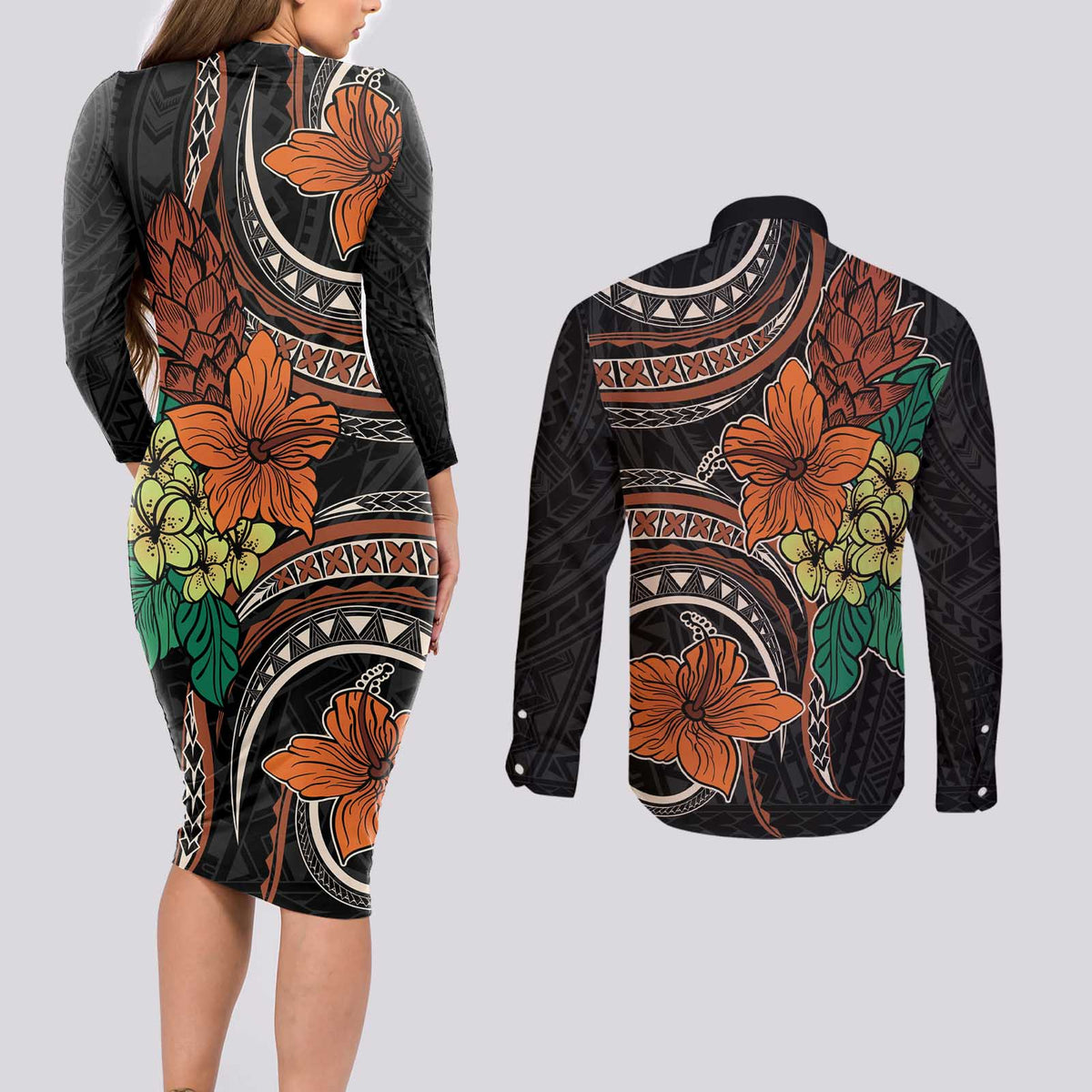 Vintage Hibiscus Pacific Floral Couples Matching Long Sleeve Bodycon Dress and Long Sleeve Button Shirt