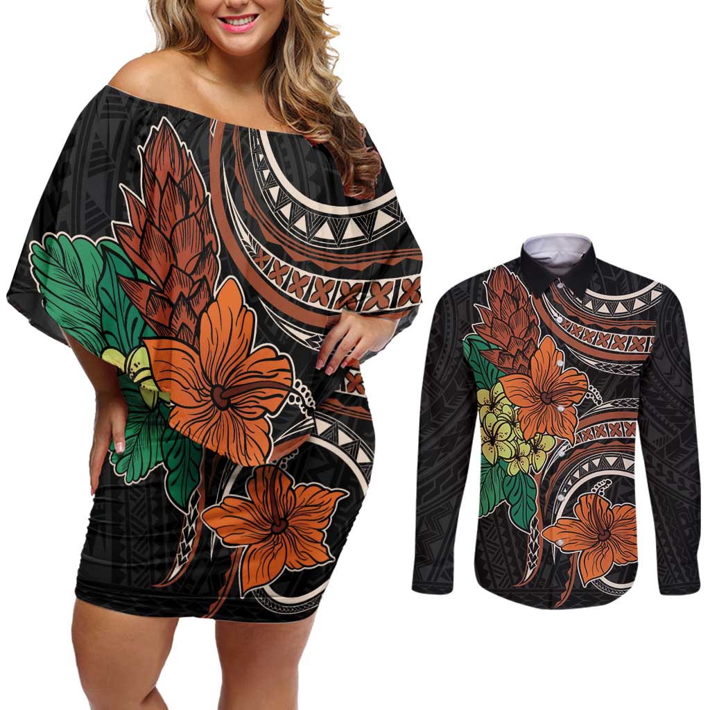 Vintage Hibiscus Pacific Floral Couples Matching Off Shoulder Short Dress and Long Sleeve Button Shirt