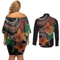 Vintage Hibiscus Pacific Floral Couples Matching Off Shoulder Short Dress and Long Sleeve Button Shirt