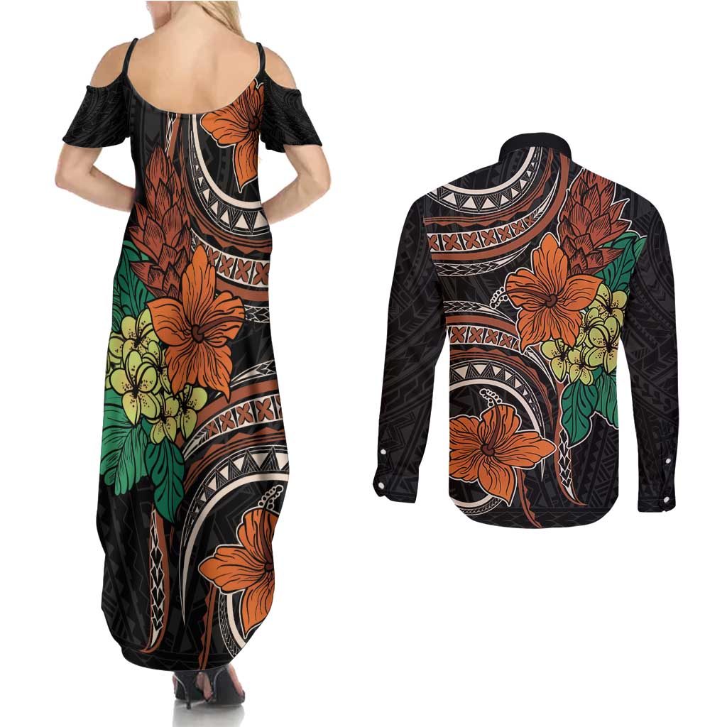 Vintage Hibiscus Pacific Floral Couples Matching Summer Maxi Dress and Long Sleeve Button Shirt