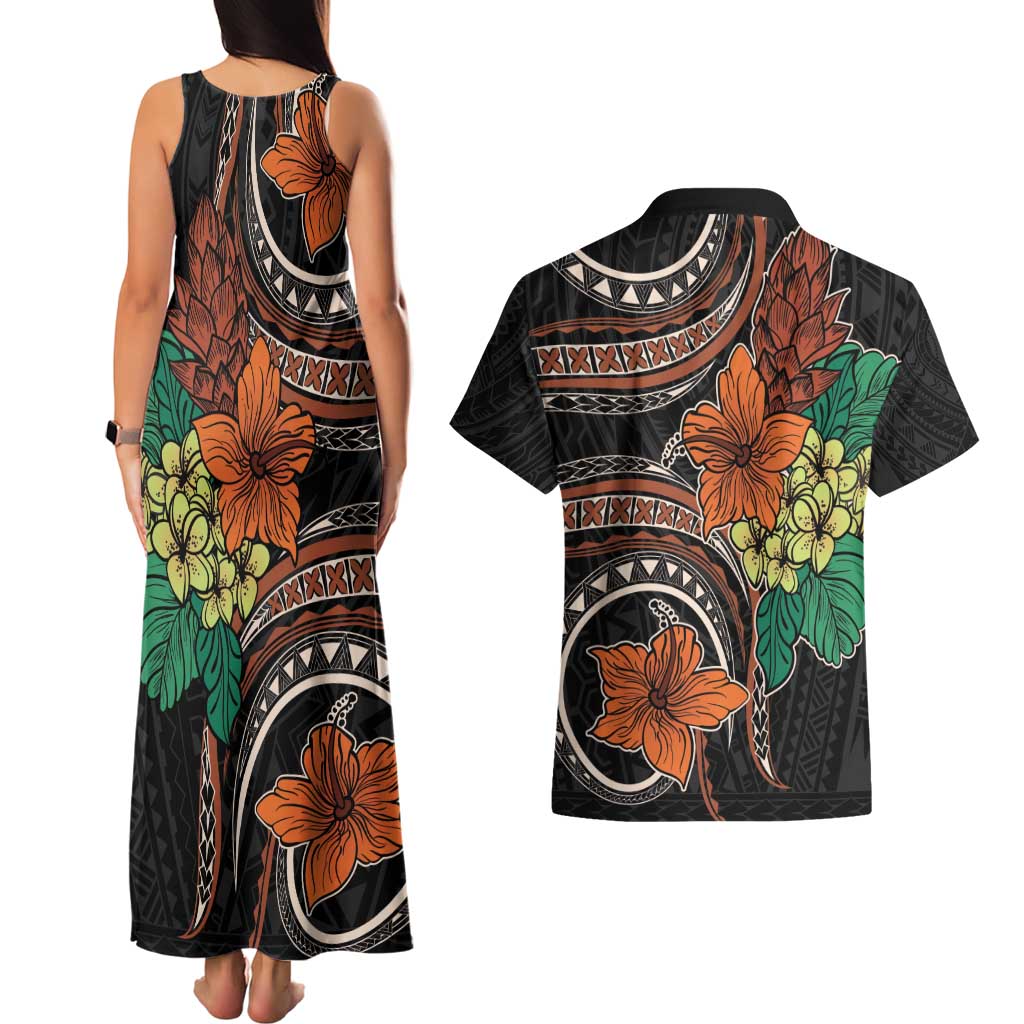 Vintage Hibiscus Pacific Floral Couples Matching Tank Maxi Dress and Hawaiian Shirt