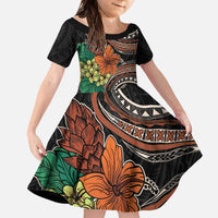 Vintage Hibiscus Pacific Floral Family Matching Off The Shoulder Long Sleeve Dress and Hawaiian Shirt LT9 Daughter's Dress Black - Polynesian Pride