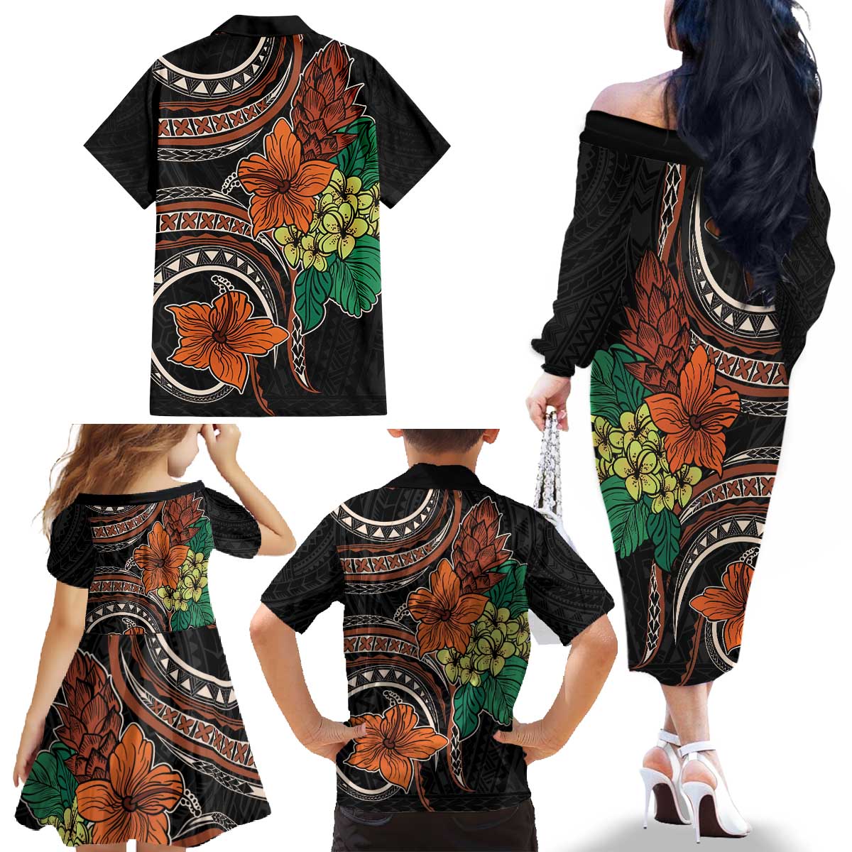 Vintage Hibiscus Pacific Floral Family Matching Off The Shoulder Long Sleeve Dress and Hawaiian Shirt LT9 - Polynesian Pride