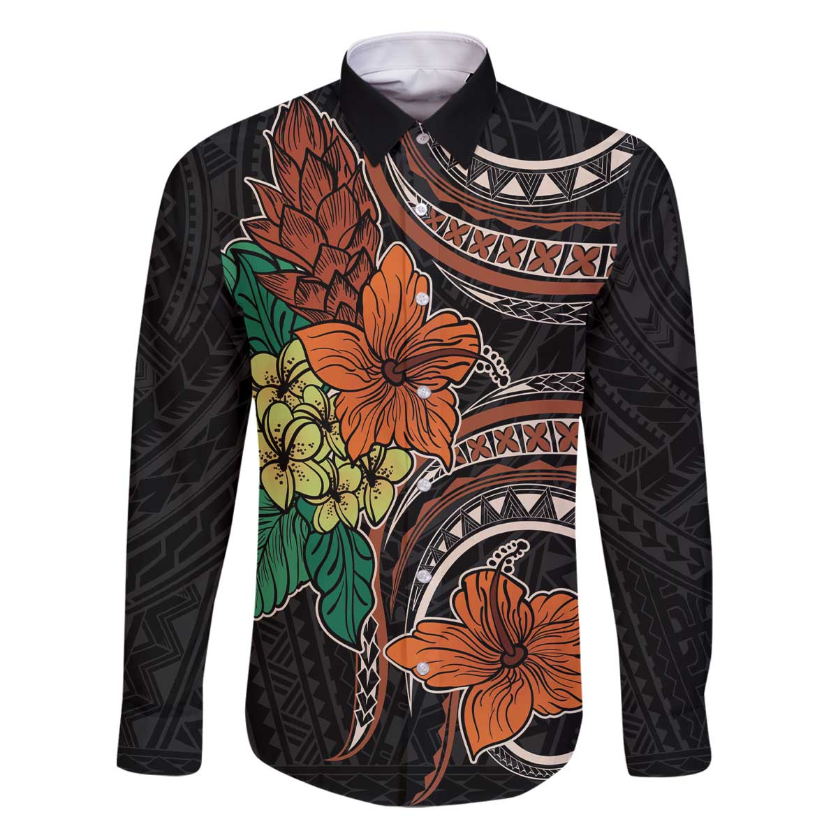 Vintage Hibiscus Pacific Floral Family Matching Off The Shoulder Long Sleeve Dress and Hawaiian Shirt LT9 Dad's Shirt - Long Sleeve Black - Polynesian Pride