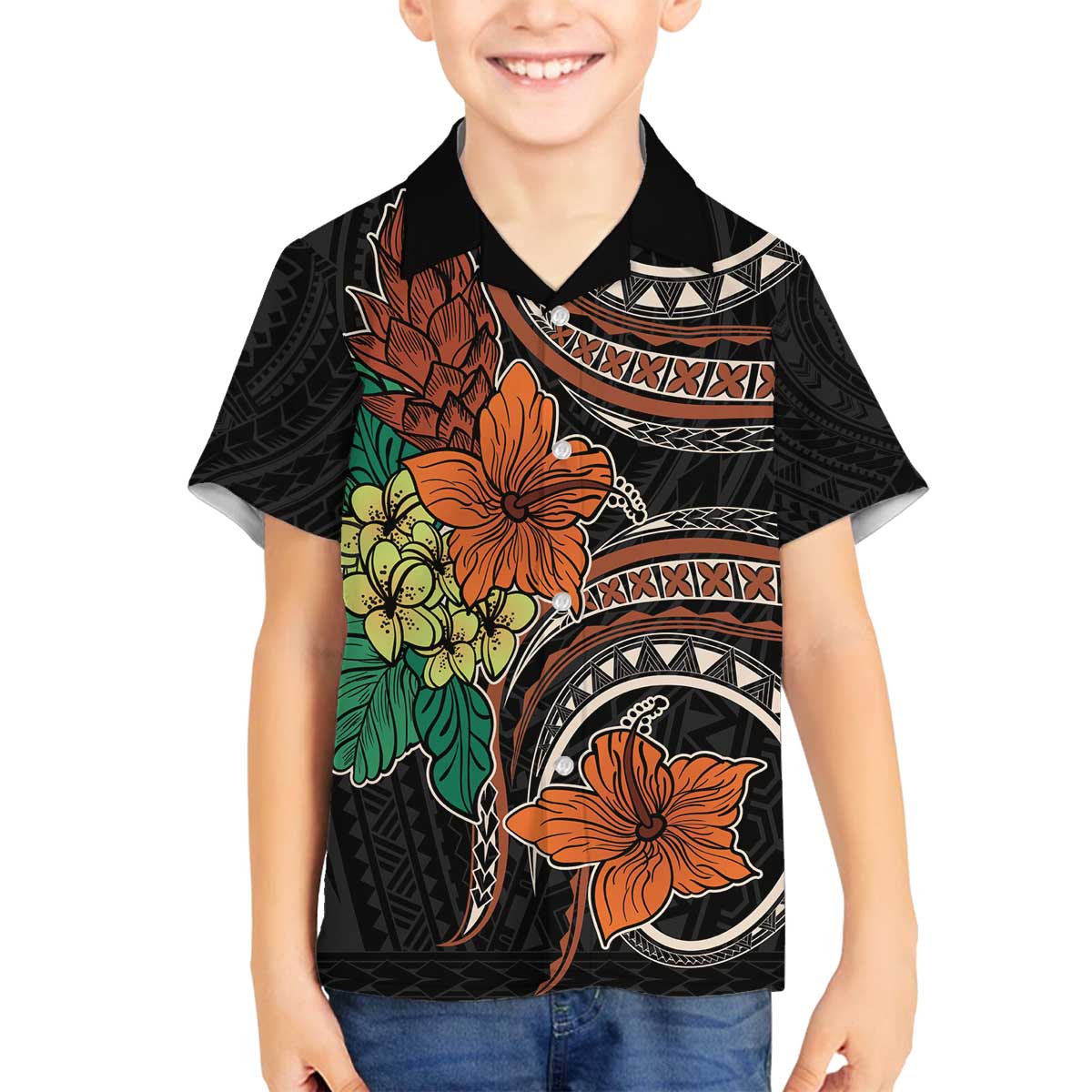 Vintage Hibiscus Pacific Floral Family Matching Off The Shoulder Long Sleeve Dress and Hawaiian Shirt LT9 Son's Shirt Black - Polynesian Pride