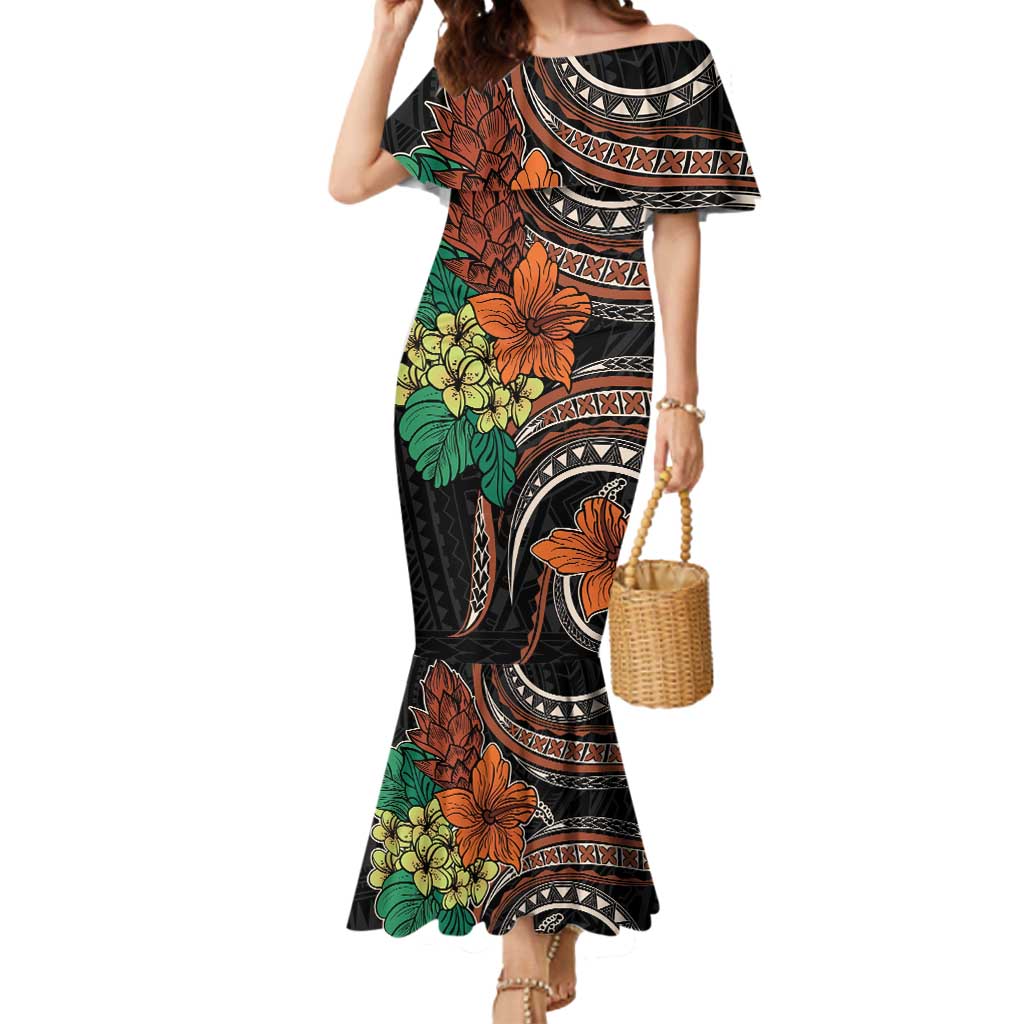 Vintage Hibiscus Pacific Floral Mermaid Dress LT9 Women Black - Polynesian Pride