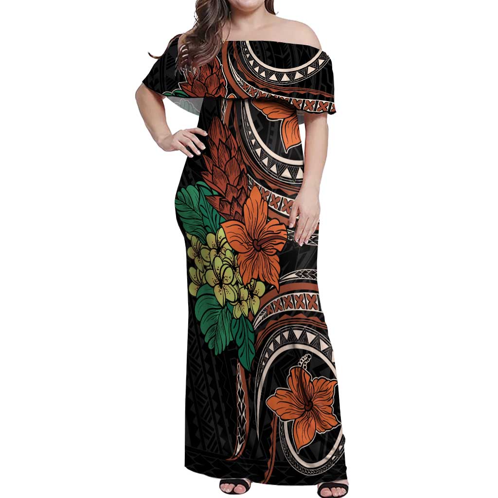 Vintage Hibiscus Pacific Floral Off Shoulder Maxi Dress
