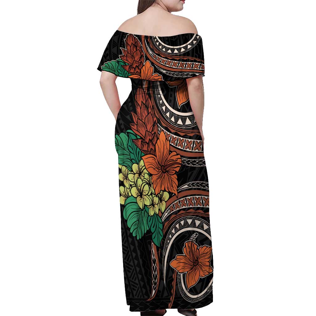 Vintage Hibiscus Pacific Floral Off Shoulder Maxi Dress