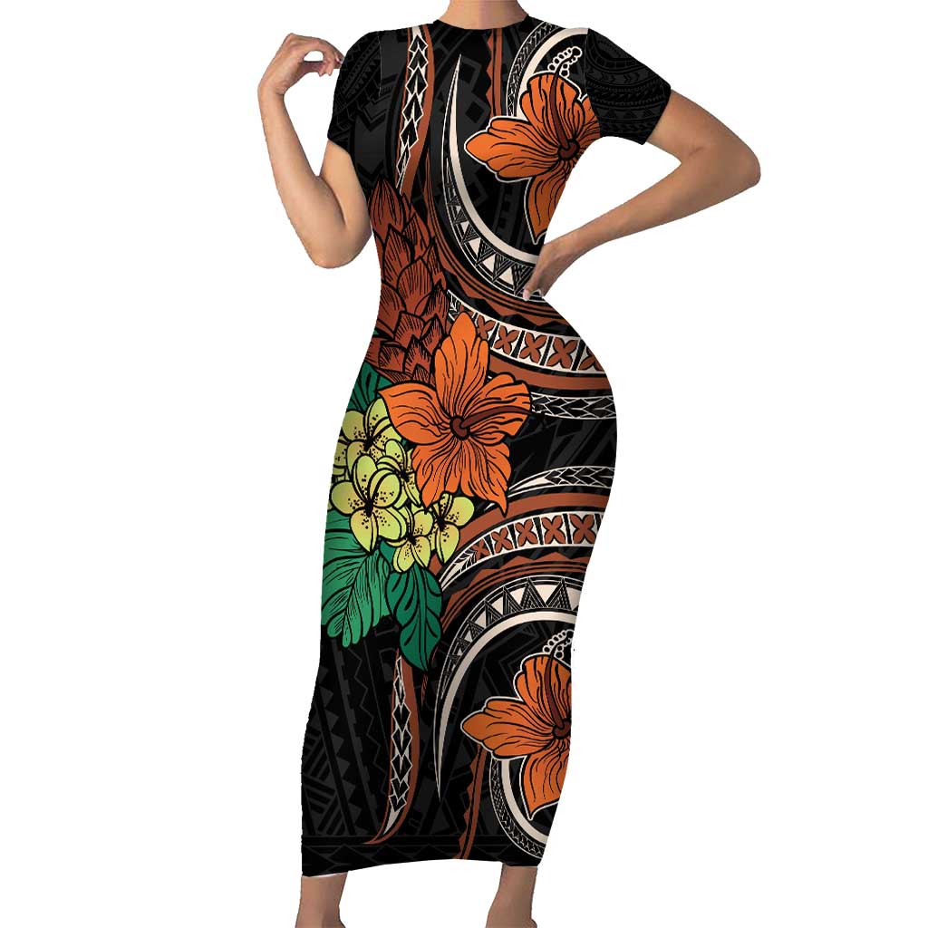 Vintage Hibiscus Pacific Floral Short Sleeve Bodycon Dress LT9 Long Dress Black - Polynesian Pride