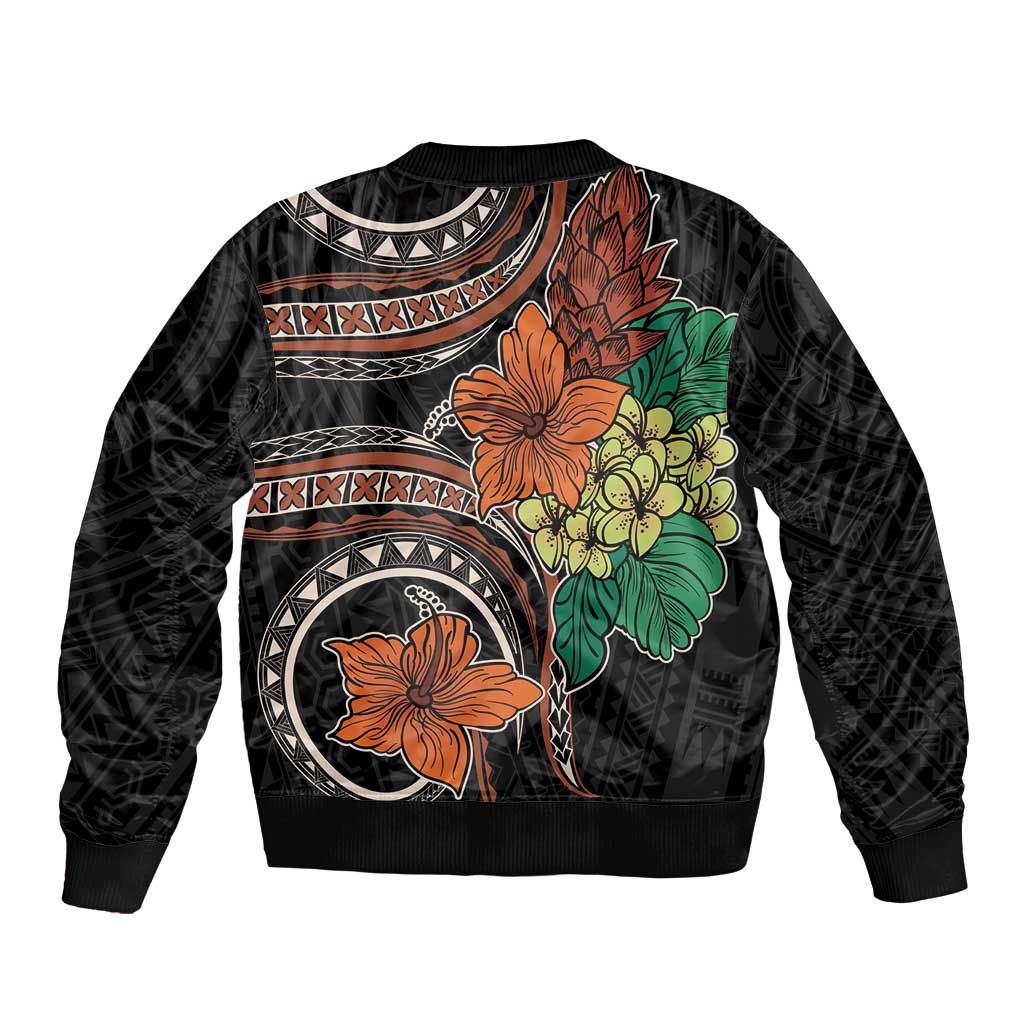 Vintage Hibiscus Pacific Floral Sleeve Zip Bomber Jacket