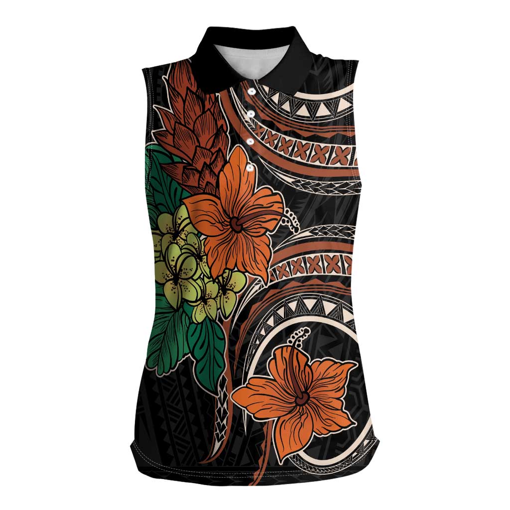 Vintage Hibiscus Pacific Floral Women Sleeveless Polo Shirt