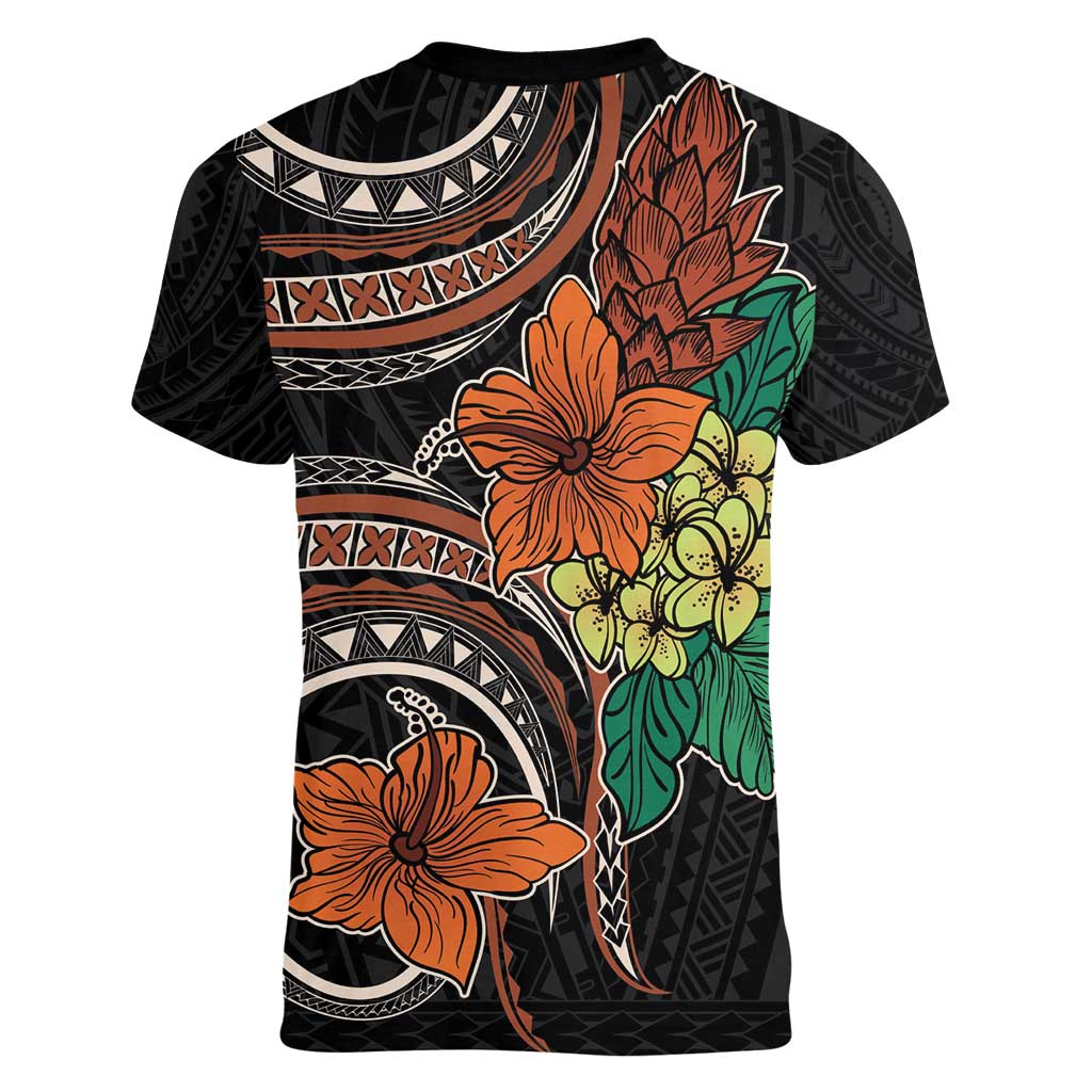 Vintage Hibiscus Pacific Floral Women V-Neck T-Shirt
