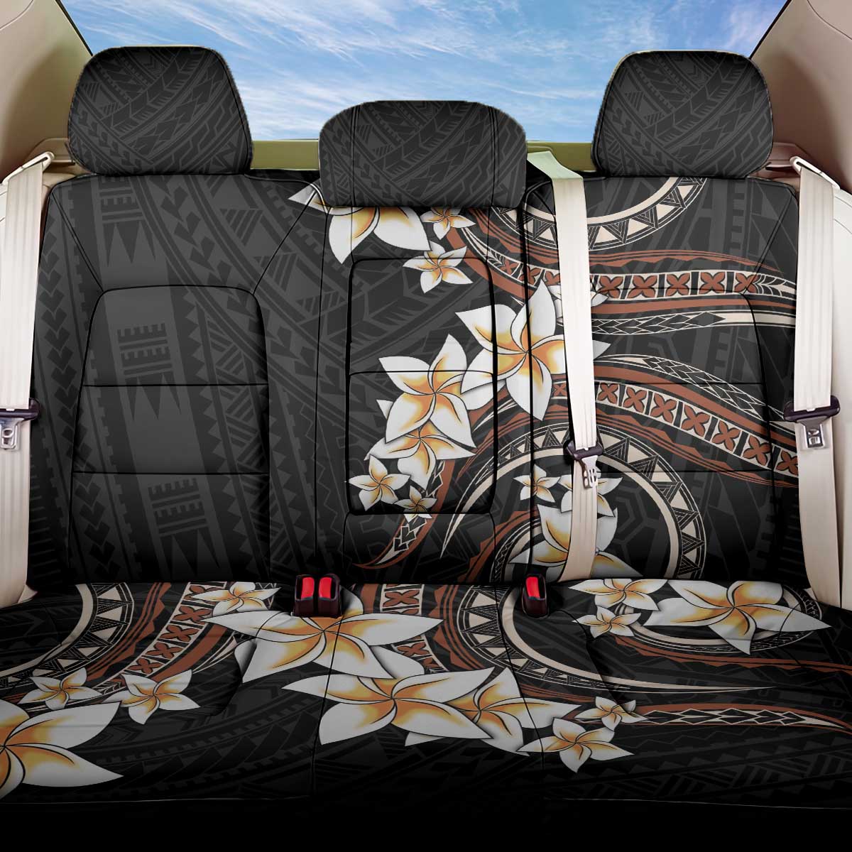 Vintage Plumeria Pacific Floral Back Car Seat Cover LT9 One Size Black - Polynesian Pride