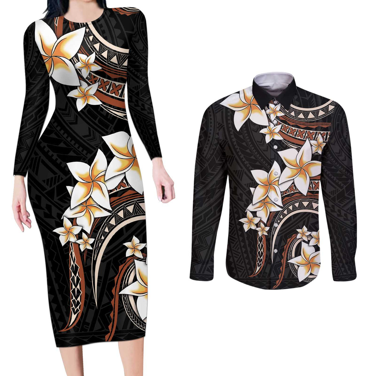 Vintage Plumeria Pacific Floral Couples Matching Long Sleeve Bodycon Dress and Long Sleeve Button Shirt