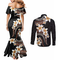 Vintage Plumeria Pacific Floral Couples Matching Mermaid Dress and Long Sleeve Button Shirt