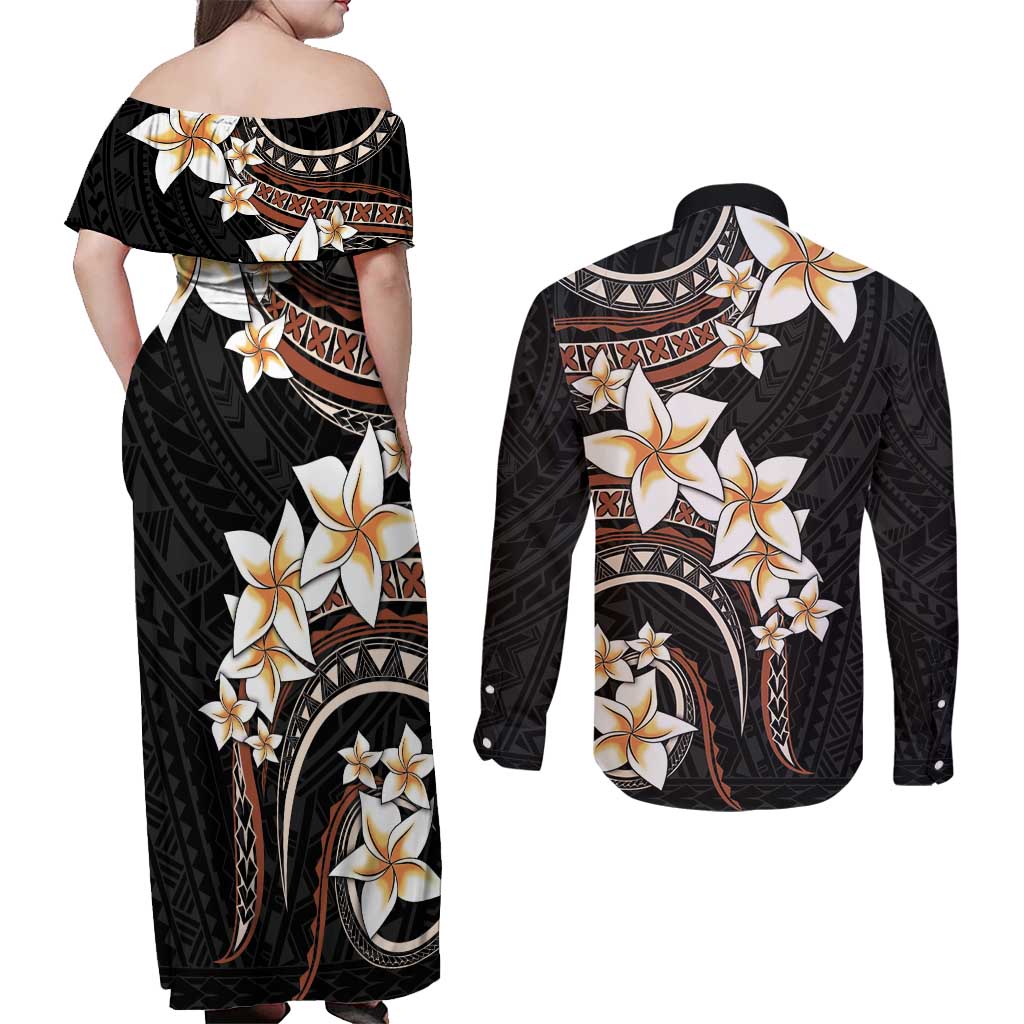 Vintage Plumeria Pacific Floral Couples Matching Off Shoulder Maxi Dress and Long Sleeve Button Shirt