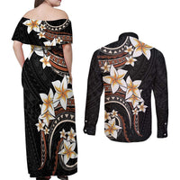 Vintage Plumeria Pacific Floral Couples Matching Off Shoulder Maxi Dress and Long Sleeve Button Shirt