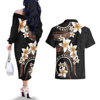 Vintage Plumeria Pacific Floral Couples Matching Off The Shoulder Long Sleeve Dress and Hawaiian Shirt