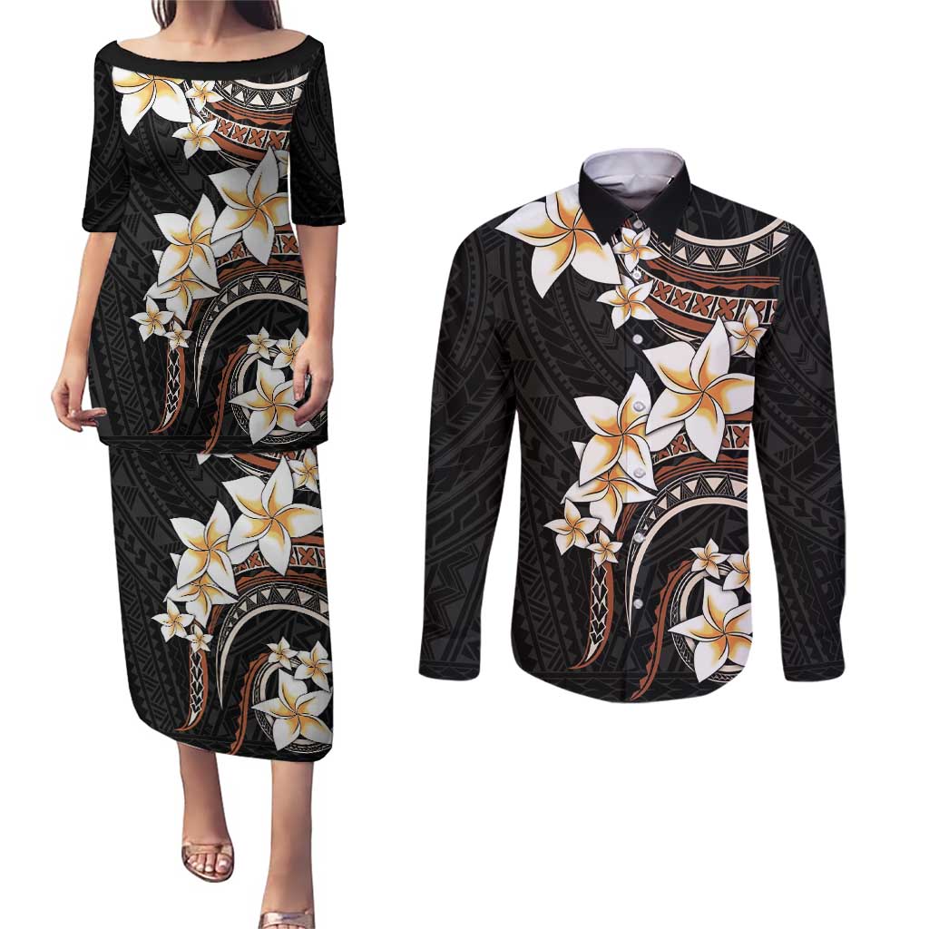 Vintage Plumeria Pacific Floral Couples Matching Puletasi and Long Sleeve Button Shirt