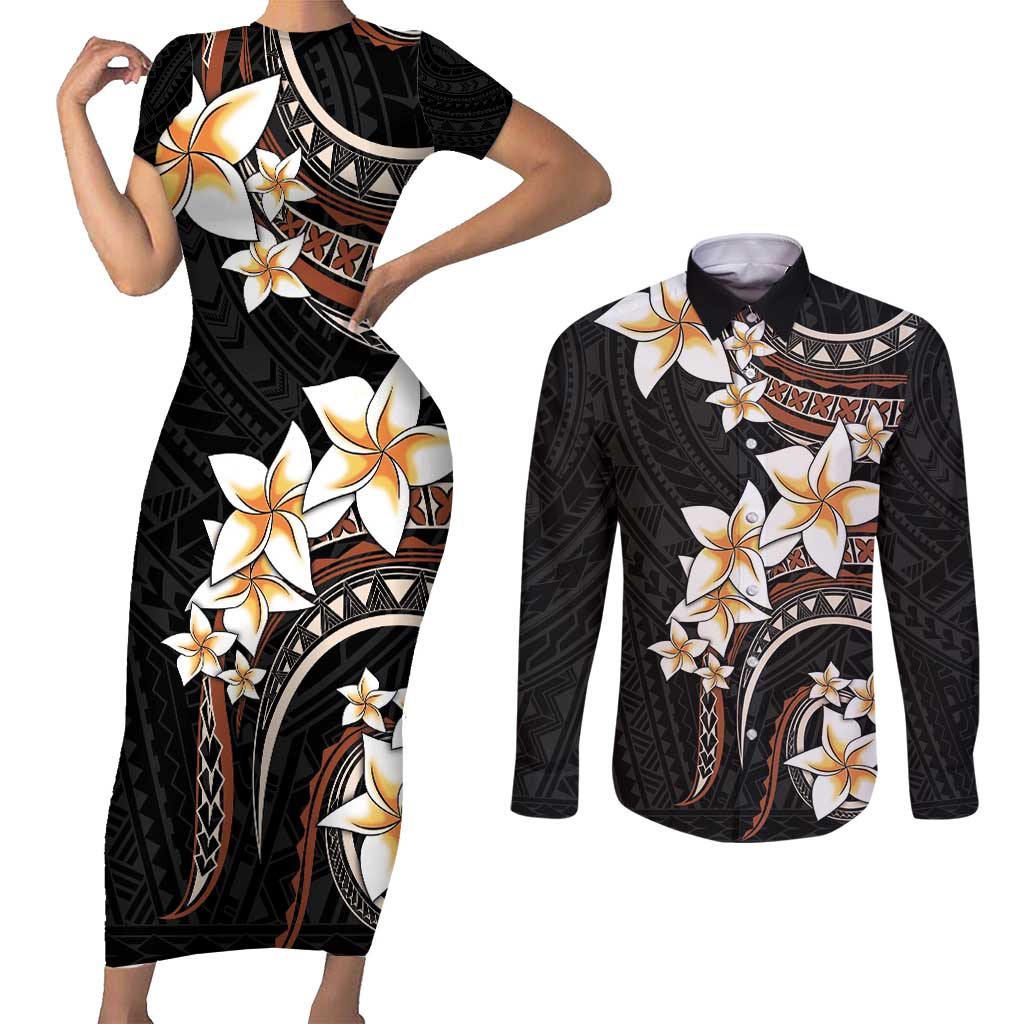 Vintage Plumeria Pacific Floral Couples Matching Short Sleeve Bodycon Dress and Long Sleeve Button Shirt