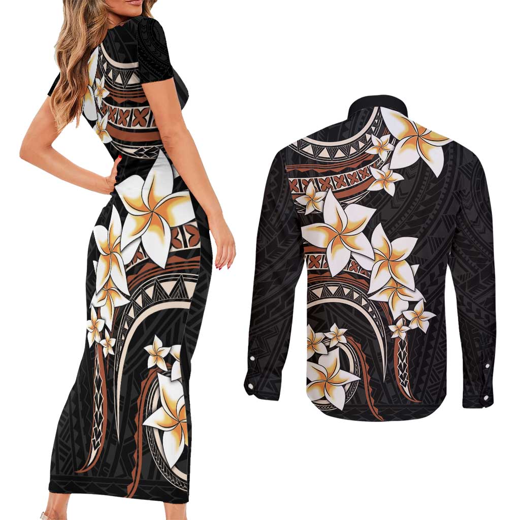 Vintage Plumeria Pacific Floral Couples Matching Short Sleeve Bodycon Dress and Long Sleeve Button Shirt