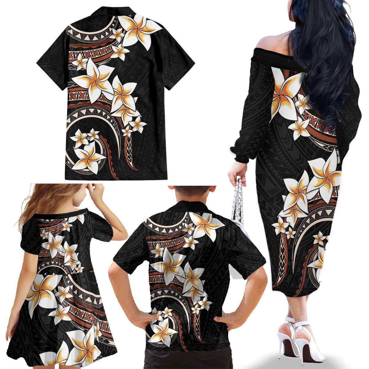 Vintage Plumeria Pacific Floral Family Matching Off The Shoulder Long Sleeve Dress and Hawaiian Shirt LT9 - Polynesian Pride