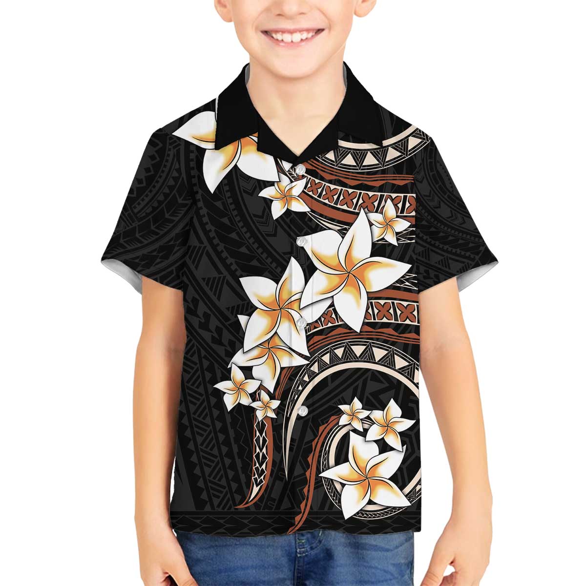 Vintage Plumeria Pacific Floral Family Matching Off The Shoulder Long Sleeve Dress and Hawaiian Shirt LT9 Son's Shirt Black - Polynesian Pride