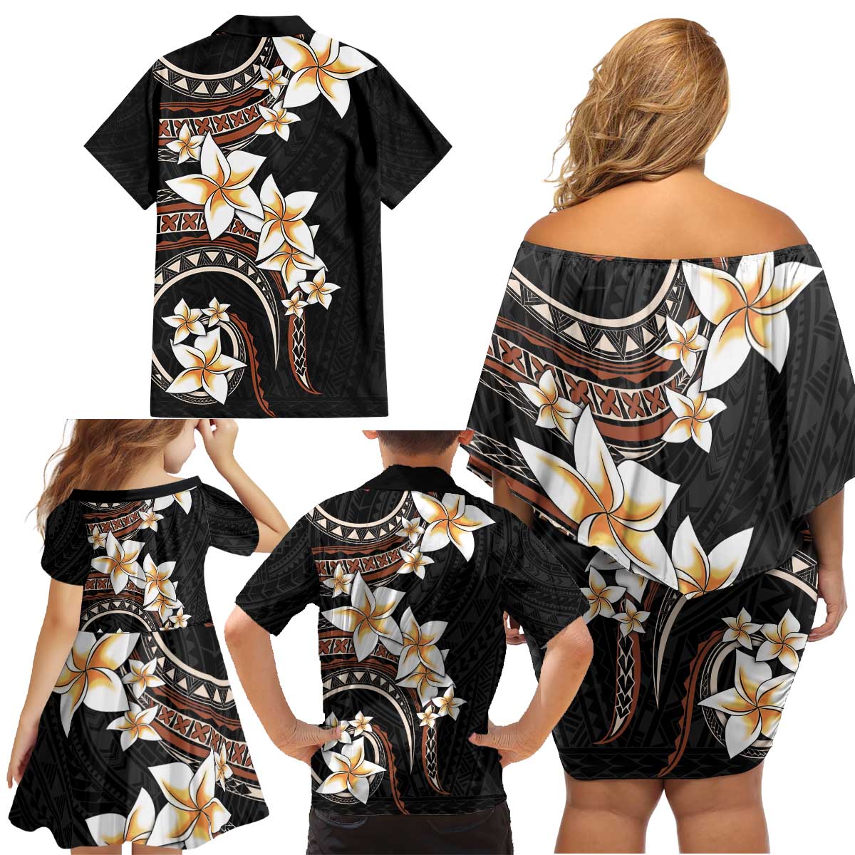 Vintage Plumeria Pacific Floral Family Matching Off Shoulder Short Dress and Hawaiian Shirt LT9 - Polynesian Pride