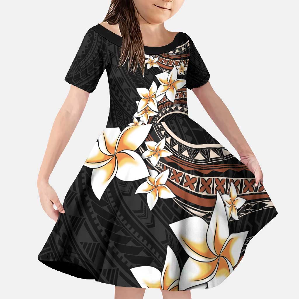 Vintage Plumeria Pacific Floral Family Matching Tank Maxi Dress and Hawaiian Shirt LT9 Daughter's Dress Black - Polynesian Pride