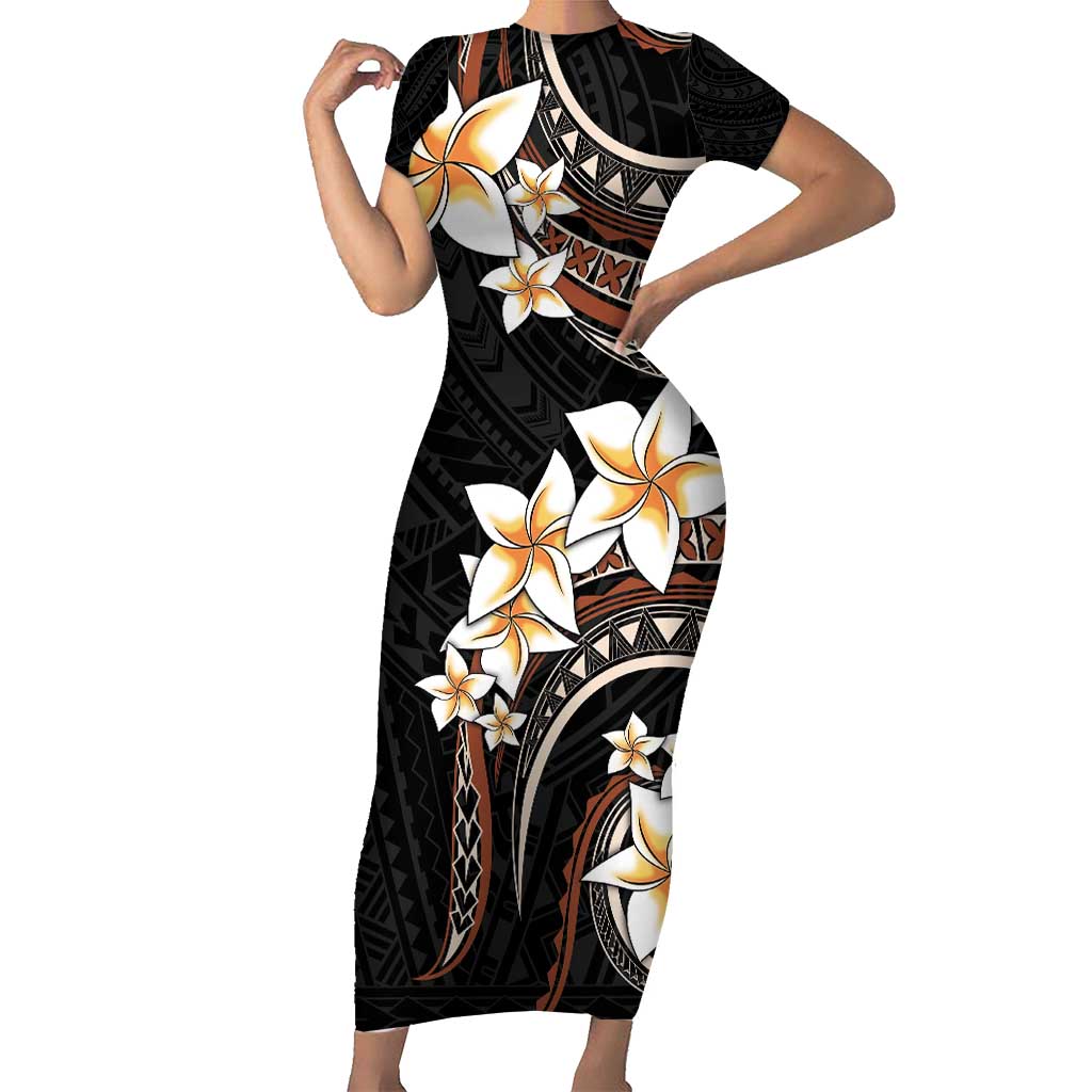 Vintage Plumeria Pacific Floral Short Sleeve Bodycon Dress LT9 Long Dress Black - Polynesian Pride