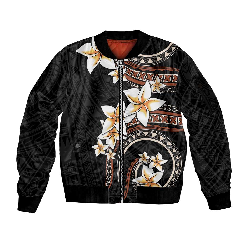 Vintage Plumeria Pacific Floral Sleeve Zip Bomber Jacket LT9 Unisex Black - Polynesian Pride
