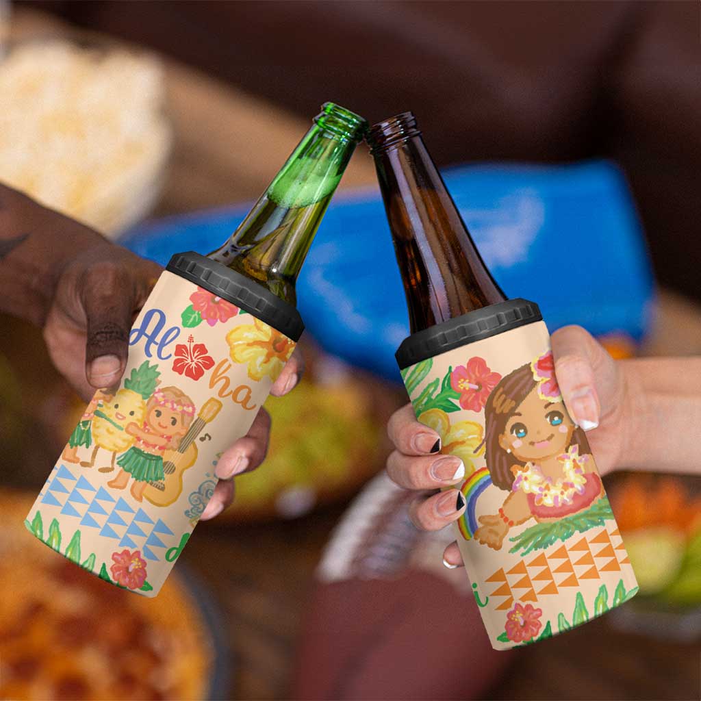 Kawaii Hula Girls 4 in 1 Can Cooler Tumbler Aloha Hibiscus Flowers