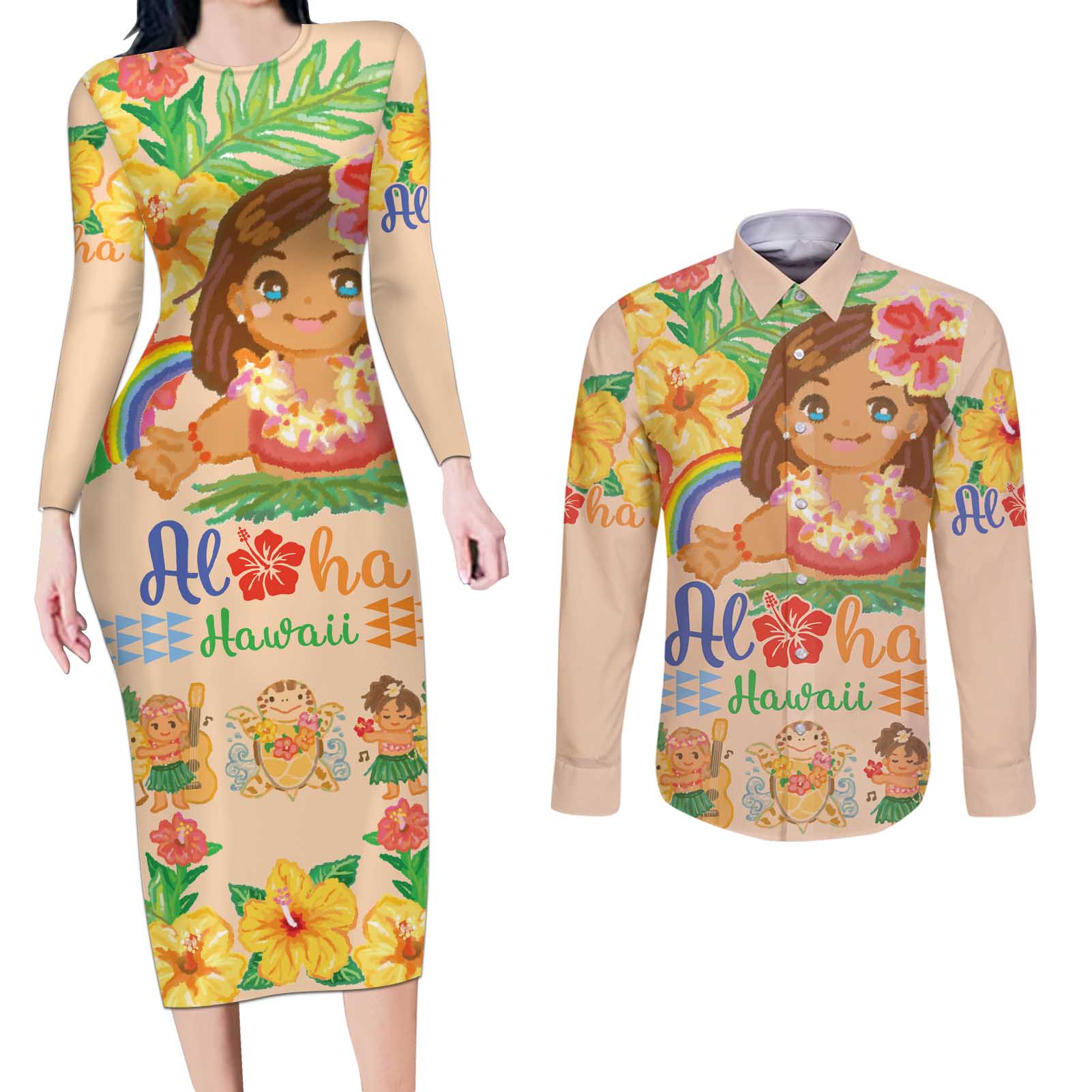 Kawaii Hula Girls Couples Matching Long Sleeve Bodycon Dress and Long Sleeve Button Shirt Aloha Hibiscus Flowers
