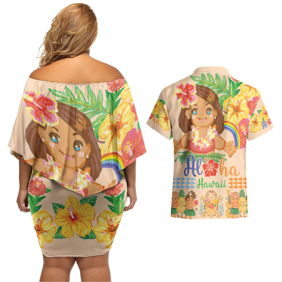 Kawaii Hula Girls Couples Matching Off Shoulder Short Dress and Hawaiian Shirt Aloha Hibiscus Flowers LT9 - Polynesian Pride