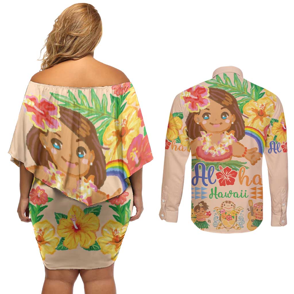 Kawaii Hula Girls Couples Matching Off Shoulder Short Dress and Long Sleeve Button Shirt Aloha Hibiscus Flowers