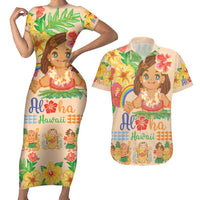 Kawaii Hula Girls Couples Matching Short Sleeve Bodycon Dress and Hawaiian Shirt Aloha Hibiscus Flowers LT9 Nude - Polynesian Pride