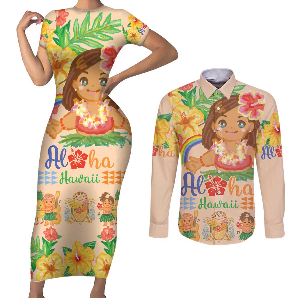 Kawaii Hula Girls Couples Matching Short Sleeve Bodycon Dress and Long Sleeve Button Shirt Aloha Hibiscus Flowers