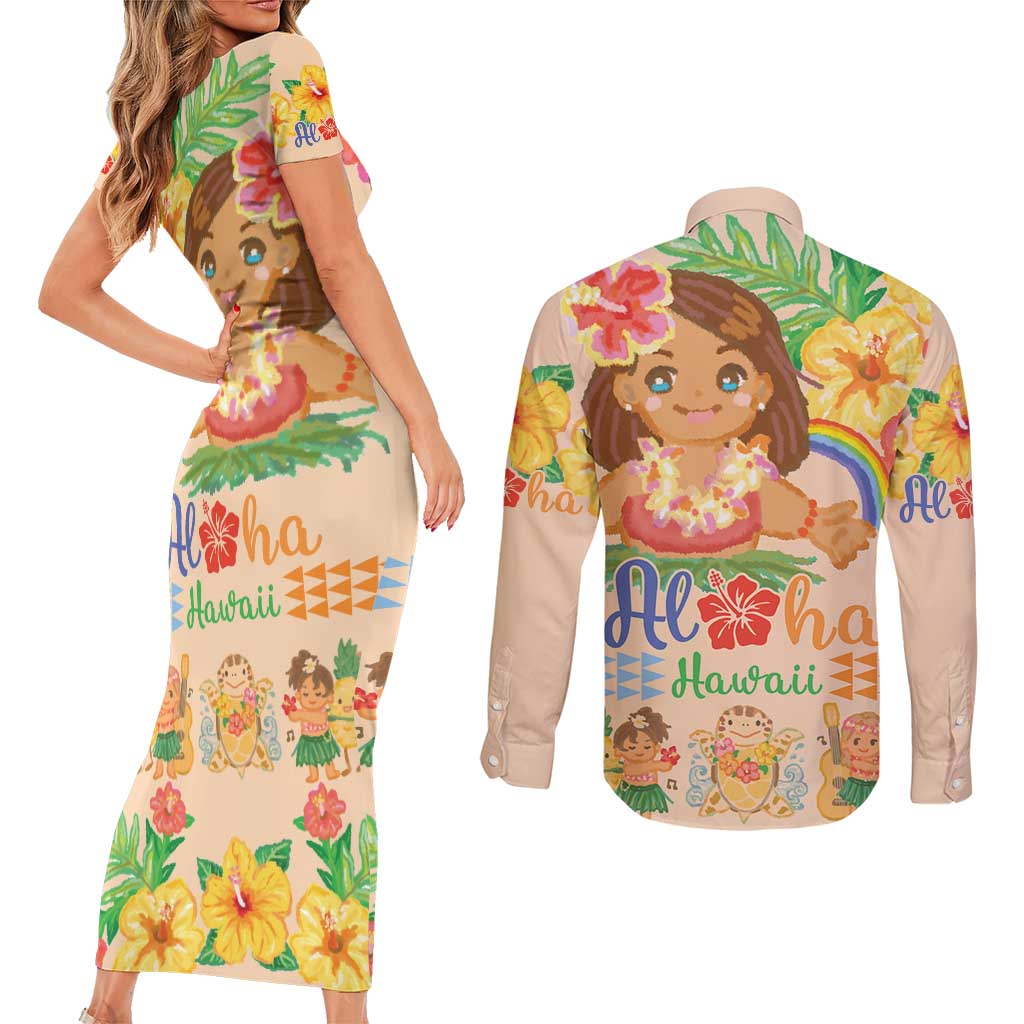 Kawaii Hula Girls Couples Matching Short Sleeve Bodycon Dress and Long Sleeve Button Shirt Aloha Hibiscus Flowers