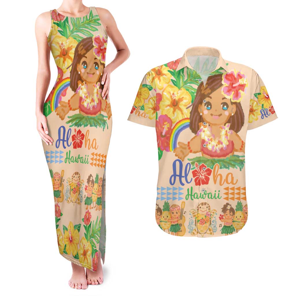 Kawaii Hula Girls Couples Matching Tank Maxi Dress and Hawaiian Shirt Aloha Hibiscus Flowers