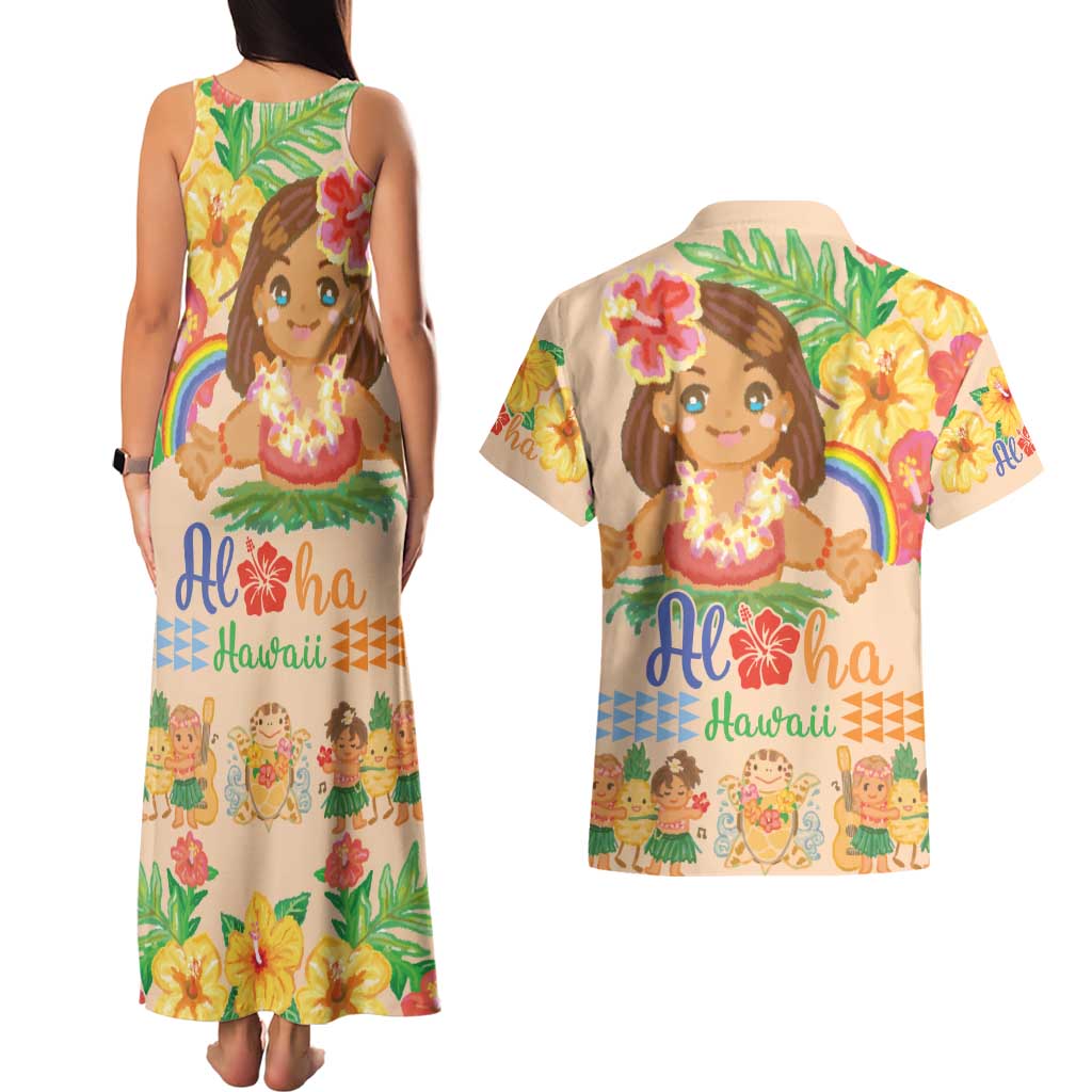 Kawaii Hula Girls Couples Matching Tank Maxi Dress and Hawaiian Shirt Aloha Hibiscus Flowers LT9 - Polynesian Pride