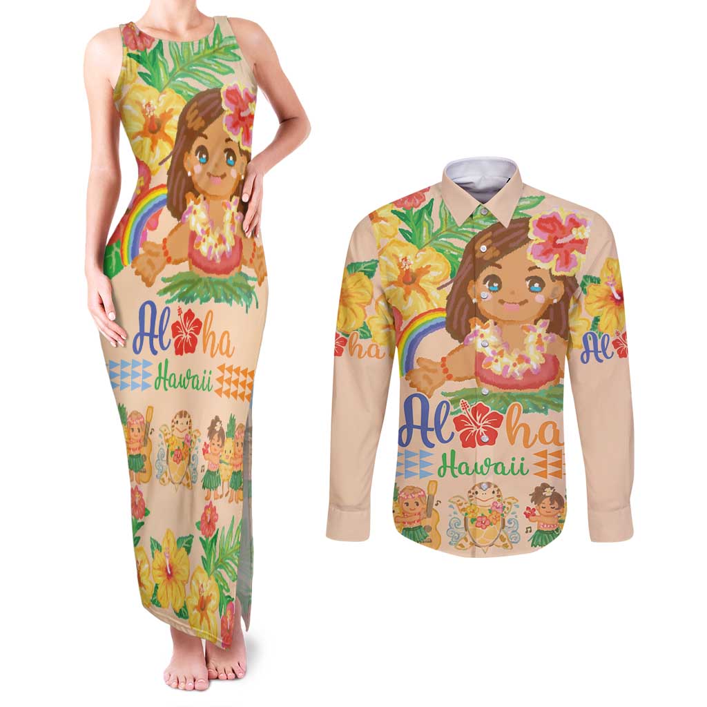 Kawaii Hula Girls Couples Matching Tank Maxi Dress and Long Sleeve Button Shirt Aloha Hibiscus Flowers