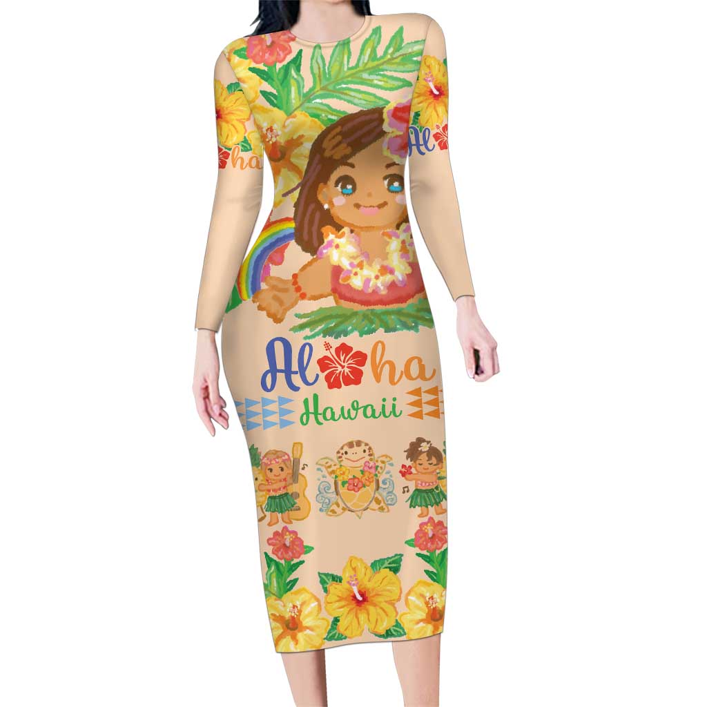 Kawaii Hula Girls Family Matching Long Sleeve Bodycon Dress and Hawaiian Shirt Aloha Hibiscus Flowers LT9 Mom's Dress Nude - Polynesian Pride