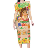 Kawaii Hula Girls Family Matching Long Sleeve Bodycon Dress and Hawaiian Shirt Aloha Hibiscus Flowers LT9 Mom's Dress Nude - Polynesian Pride