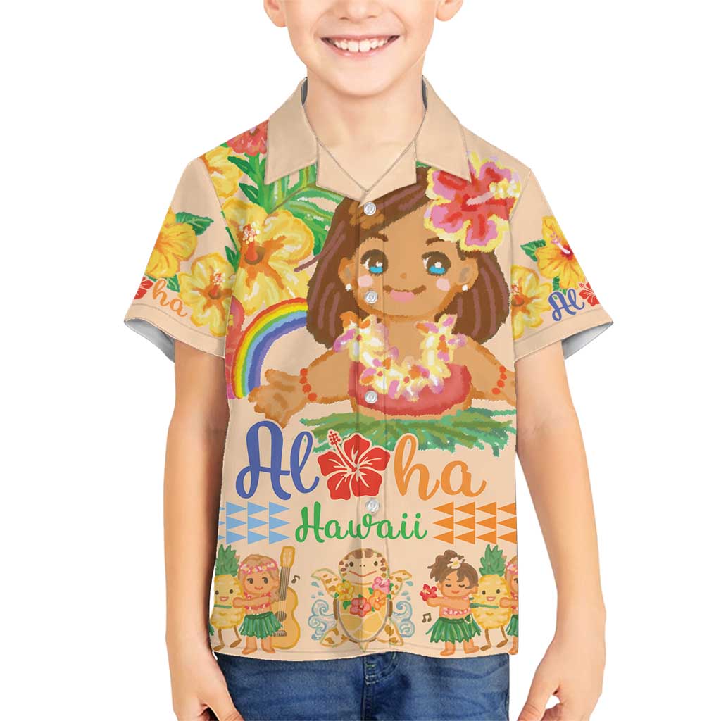 Kawaii Hula Girls Family Matching Long Sleeve Bodycon Dress and Hawaiian Shirt Aloha Hibiscus Flowers LT9 Son's Shirt Nude - Polynesian Pride