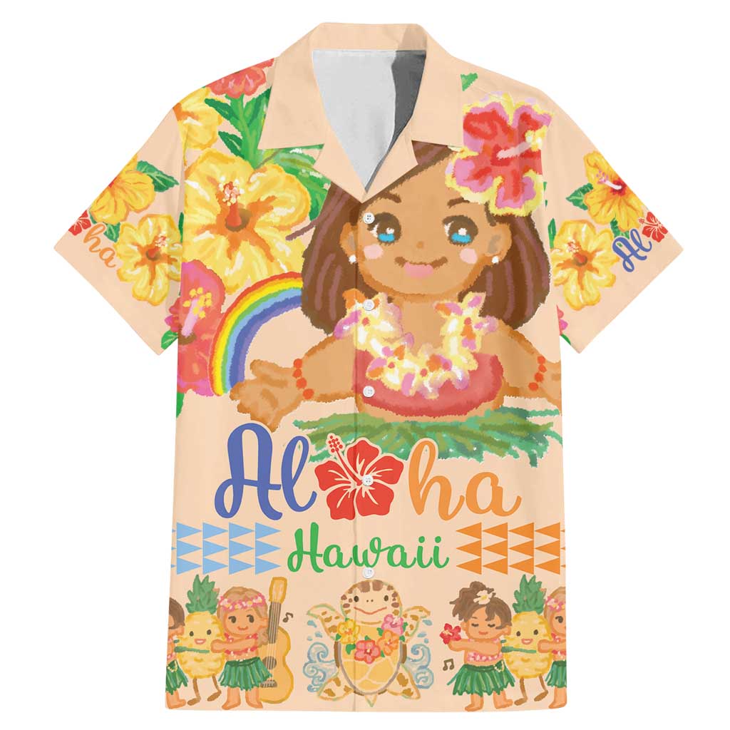 Kawaii Hula Girls Family Matching Mermaid Dress and Hawaiian Shirt Aloha Hibiscus Flowers LT9 Dad's Shirt - Short Sleeve Nude - Polynesian Pride