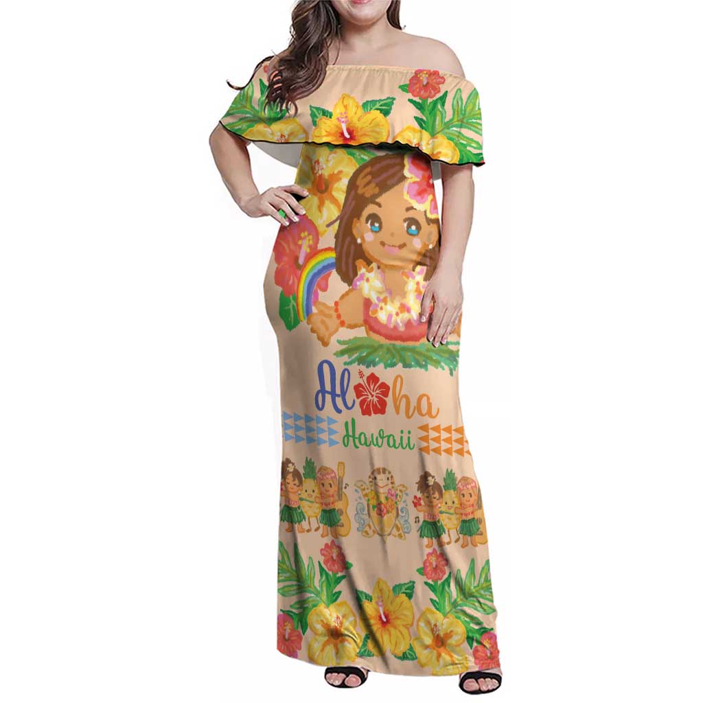 Kawaii Hula Girls Family Matching Off Shoulder Maxi Dress and Hawaiian Shirt Aloha Hibiscus Flowers LT9 Mom's Dress Nude - Polynesian Pride