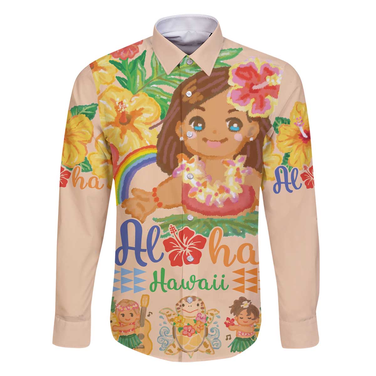 Kawaii Hula Girls Family Matching Off Shoulder Short Dress and Hawaiian Shirt Aloha Hibiscus Flowers LT9 Dad's Shirt - Long Sleeve Nude - Polynesian Pride