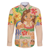 Kawaii Hula Girls Family Matching Off Shoulder Short Dress and Hawaiian Shirt Aloha Hibiscus Flowers LT9 Dad's Shirt - Long Sleeve Nude - Polynesian Pride