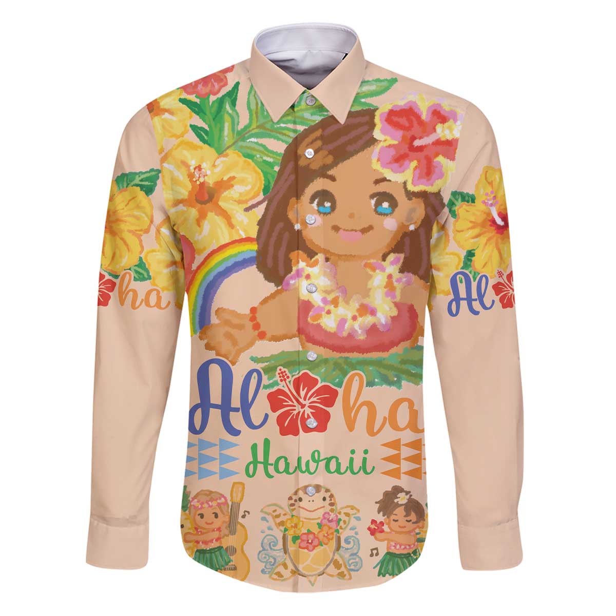 Kawaii Hula Girls Family Matching Puletasi and Hawaiian Shirt Aloha Hibiscus Flowers LT9 Dad's Shirt - Long Sleeve Nude - Polynesian Pride