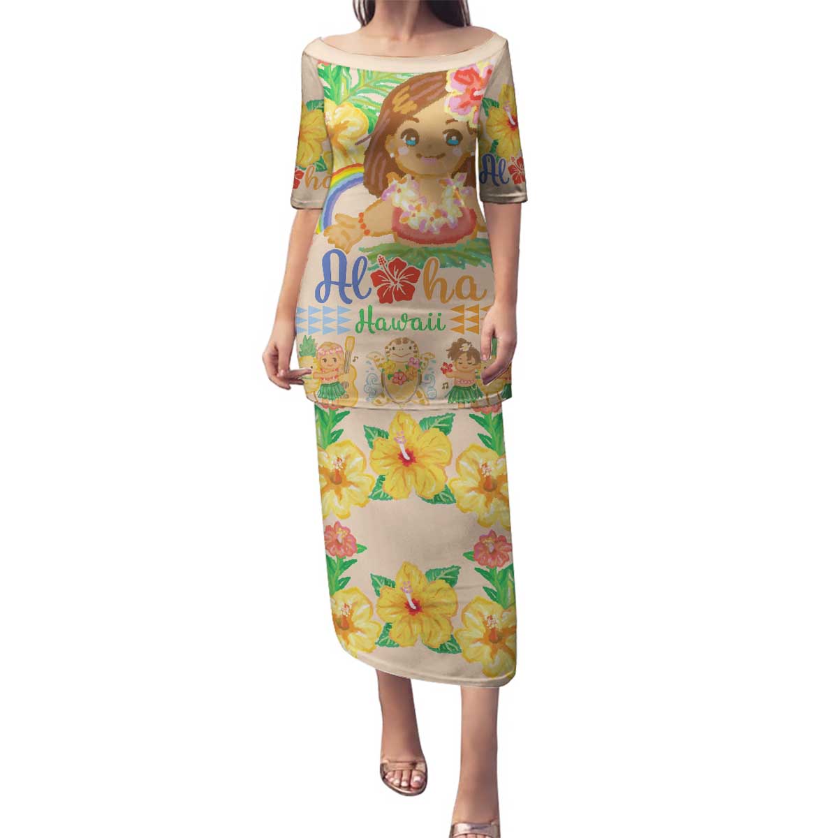 Kawaii Hula Girls Family Matching Puletasi and Hawaiian Shirt Aloha Hibiscus Flowers LT9 Mom's Dress Nude - Polynesian Pride